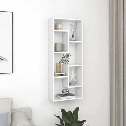 Youuihom Wandregal Weiß Holzwerkstoff 36x16x90 cm mit offenen Fächern für Bücher Deko im Wohnzimmer Bad Küche – Robust und Leicht zu Reinigen von Youuihom