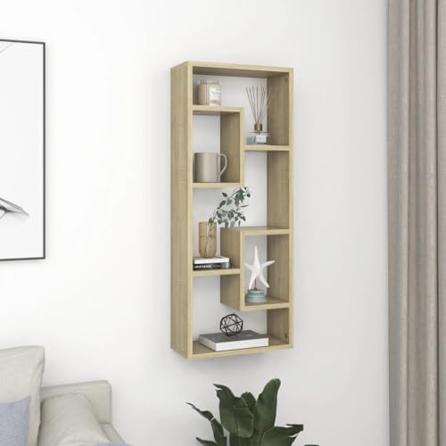 Youuihom Wandregal aus Holzwerkstoff Sonoma-Eiche 36x16x90 cm | Schwebendes Regal mit offenen Fächern | Stauraum Lösung für Bücher, Deko, Küche, Bad und Wohnzimmer von Youuihom