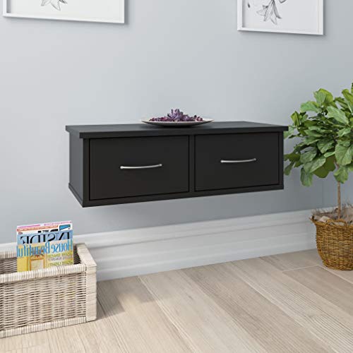 Youuihom Wandregal mit 2 Schubladen Schwarz 60x26x18,5 cm Holzwerkstoff Schmal für Küche Bad Wohnzimmer als Ablage und Aufbewahrung von Youuihom