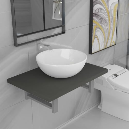 Youuihom Wandregal mit Keramik Waschbecken Set Grau Weiß 60 x 40 cm Stilvolles Badmöbel aus Holzwerkstoff & Metall für Badezimmer Waschraum von Youuihom