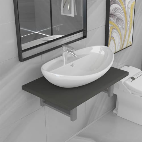 Youuihom Wandregal mit Keramik Waschbecken Set Grau Weiß 60 x 40 x 16,3 cm Badmöbel aus Holzwerkstoff & Metall Hochglanz Keramikbecken mit Überlauf für Badezimmer Waschraum von Youuihom