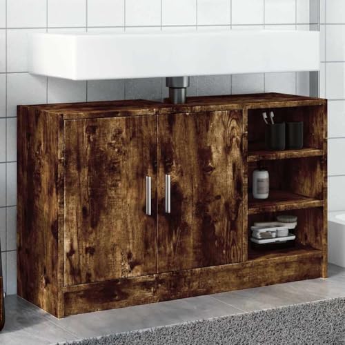 Youuihom Waschbeckenunterschrank Räuchereiche 90x29x55 cm aus Holzwerkstoff mit 2 Türen und 3 offenen Fächern Stauraum für Badezimmer Modernes Design Youuihom Waschbeckenunterschrank Räuchereiche 90x29x55 cm aus Holzwerkstoff mit 2 Türen und 3 offenen Fächern Stauraum für Badezimmer Modernes Design von Youuihom