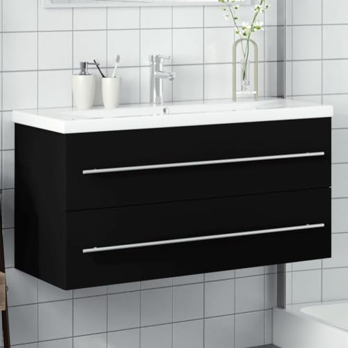 Youuihom Waschbeckenunterschrank mit Einbaubecken Schwarz 100 x 38,5 x 48 cm Moderner Badezimmerschrank mit Keramikbecken und Stauraum für Schubladen Wandmontage Robustes Holzwerkstoff von Youuihom