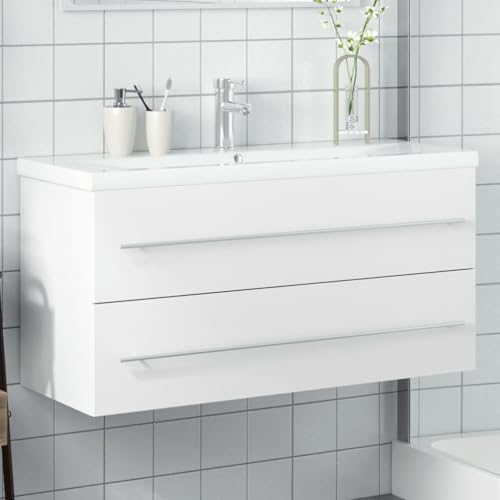 Youuihom Waschbeckenunterschrank mit Einbaubecken Weiß 100 x 38,5 x 48 cm Badezimmerschrank mit Schublade Keramikbecken und Überlauf Robuster Holzwerkstoff für Ordnung im Bad von Youuihom