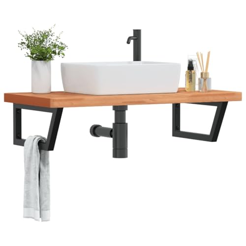 Youuihom Waschtischplatte aus massivem Buchenholz mit Stahlhalterung 100 x 50 x 4 cm Modernes Design Robust & Langlebig Platzsparend für Waschbecken und Zubehör für kleine Badezimmer von Youuihom
