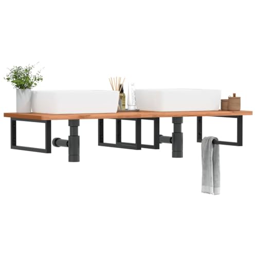 Youuihom Waschtischplatte aus massivem Buchenholz mit Stahlhalterung 150 x 55 x 2,5 cm Elegantes & platzsparendes Badregal für Waschbecken Handtücher und Badezimmeraccessoires von Youuihom