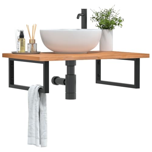 Youuihom Waschtischplatte aus massivem Buchenholz mit Stahlhalterung 80 x 55 x 2,5 cm Elegantes & platzsparendes Badregal für Waschbecken Handtücher und Kosmetik von Youuihom