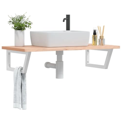 Youuihom Waschtischplatte aus massiver Buche mit Stahlhalterung 100 x 50 x 2.5 cm Schwebendes Design Robust & Platzsparend für Badezimmer Badregal und Waschbeckenunterschrank von Youuihom