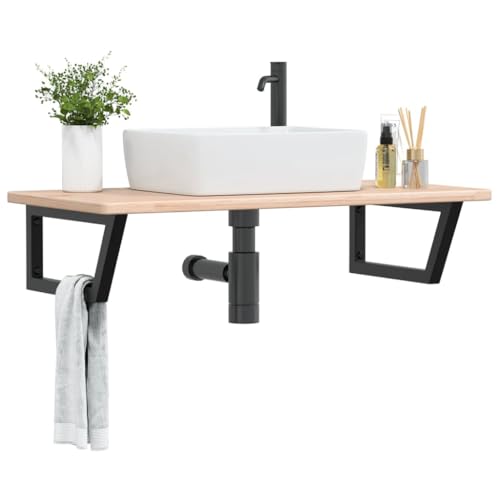 Youuihom Waschtischplatte aus massiver Eiche mit schwarzen Stahlhalterungen 100 x 50 x 2,5 cm Robuste & platzsparende Badezimmerlösung für Waschbecken und Aufbewahrung von Youuihom