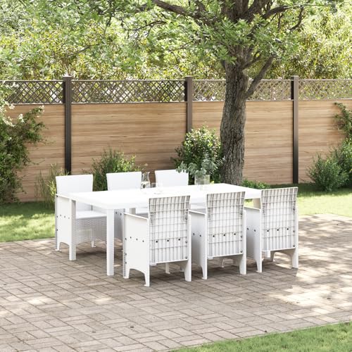 Youuihom Weiße 7-teilige Garten Essgruppe aus Poly Rattan Rechteckiger Esstisch mit 6 Stühlen Modernes Design Wetterbeständig & Einfache Reinigung für Terrasse Garten und Balkon von Youuihom