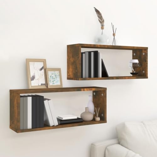 Youuihom Würfel Wandregal 2er Set in Räuchereiche Holzwerkstoff Schwebendes Design Robust 60x15x23 cm für Bücher Deko in Wohnzimmer Schlafzimmer von Youuihom
