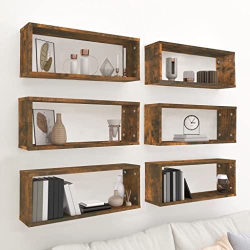 Youuihom Würfelregale Wandmontiertes Regal TV-Wandregal CD-Regale Display-Regal 6 STK. Räuchereiche 60x15x23 cm Holzwerkstoff Geeignet für Eingang, Bad, Arbeitszimmer, Büro von Youuihom