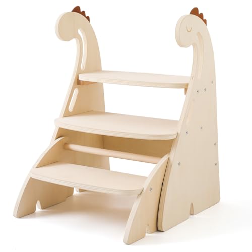 Youuys Tritthocker für Kinder, Dreistufiger Dinosaur Holz Tritt-Schemel Kinderschemel für Baby, Baby Kleinkinderzimmer Bequemer Handslauf, Multifunktion, Anti-Rutsch, Ab ca. 1.5 bis ca. 6 Jahre von Youuys