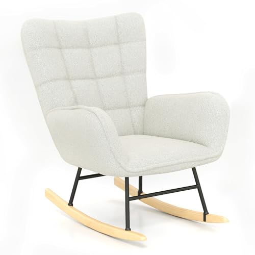 Schaukelstühle für Erwachsene, Teddy Fleece Kinderzimmer Schaukelstuhl entspannende Liegestuhl mit Massivholz Beinen hohe zurück Lounge-Stühle für Balkon Wohnzimmer Schlafzimmer (16 Gitternetze) von Youyijia