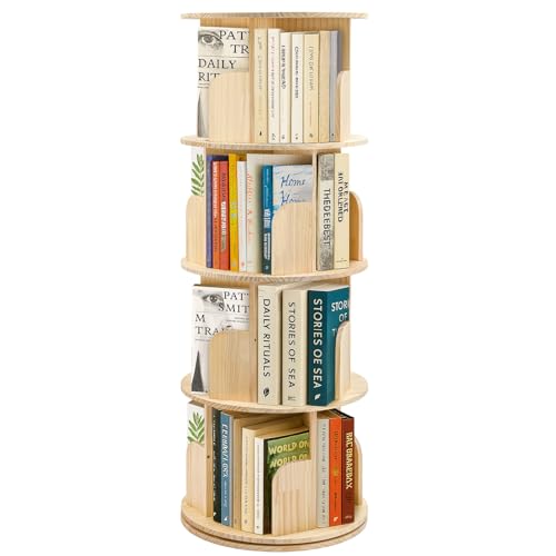 Youyijia Drehregal aus Kiefernholz, 3-stöckig, Naturholzfarbe, O-förmiges Kugellager, Zapfenverbindung und Schraubenmontage, 127 x 46 cm (4 Stock) von Youyijia