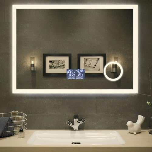 Youyijia LED Badspiegel mit Beleuchtung, Bluetooth Wandspiegel Badezimmerspiegel mit 3×Fach Schminkspiegel, 3 Farbtemperaturen 3000K-7000K, Dimmbar, Uhr, Touch-Schalter und Entfoggen, 80x60cm von Youyijia