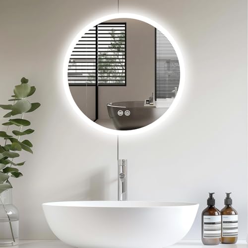 Youyijia Spiegel Mit Beleuchtung, Spiegel Rund 50cm Badspiegel Mit Beleuchtung Mit Touch-Schalter, Dimmbar, 3 Lichtfarbe Einstellbare Beschlagfrei Wandspiegel Badezimmerspiegel LED Spiegel Bad von Youyijia