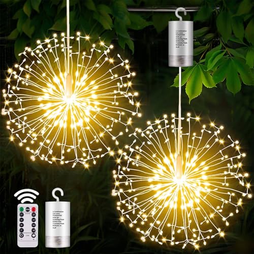 yowin Pusteblume 2 Stück 198 LED Feuerwerk Lichterkette Batteriebetrieben mit Fernbedienung, 8 Modi Hängende Gartenlichter Wetterfest Weihnachtsbeleuchtung für Gazebo Terasse Innen Aussen Deko von yowin