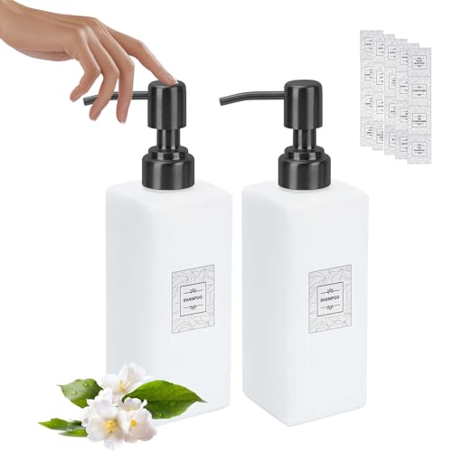 2 Stück 350ml Seifenspender Weiss Matt, Glas Shampoo Flaschen Badezimmer Set mit 20 Etiketten, Lotion Duschgel Spender Spülmittelspender mit Edelstahl Pump Nachfüllbare Pumpflasche für Küche von Yowmina