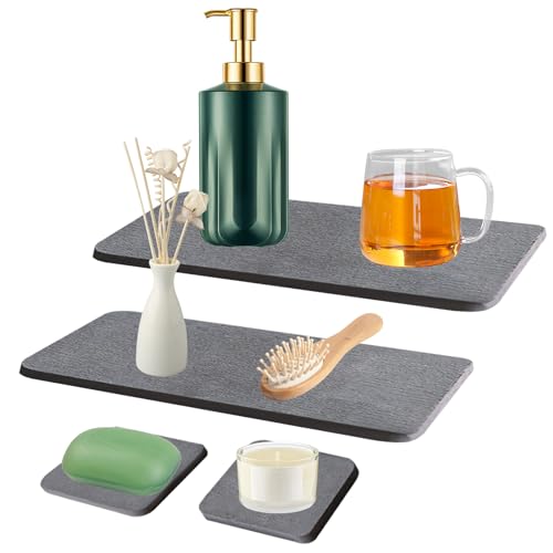 4 Stück Wasserabsorbierendes Steintablett für Spüle, Waschbecken-Organizer, Sofort Schnell Trockenmatte für die Küchentheke, rutschfeste Diatomit Mundwasserbecher-Untersetzer (dunkelgrau-4pcs) von Yowmina