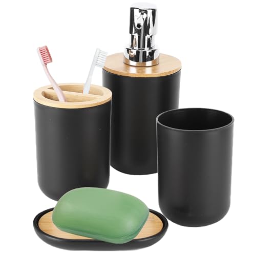 Badezimmer Zubehör Set 4-Teile, Kunststoff & Bambus Stilvolles Badezimmer Set inklusive Seifenschale, Zahnbürstenhalter, Seifenspender, Spülbecher, Badezimmer-Waschtisch-Arbeitsplatten-Zubehör-Set von Yowmina