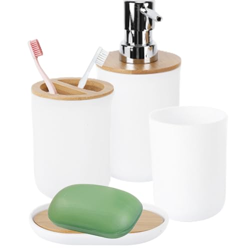 Badezimmer Zubehör Set 4-Teile, Kunststoff & Bambus Stilvolles Badezimmer Set inklusive Seifenschale, Zahnbürstenhalter, Seifenspender, Spülbecher, Badezimmer-Waschtisch-Arbeitsplatten-Zubehör-Set von Yowmina