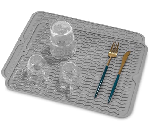 Yoxovo 2 Stück Abtropfmatte Geschirr 40 x 30 cm, Abtropfmatte Spüle, Geschirr Trockenmatte hitzebeständiges rutschfestes Spülbeckenmatte, Spülmatte Abtropfunterlage (grau) von Yoxovo
