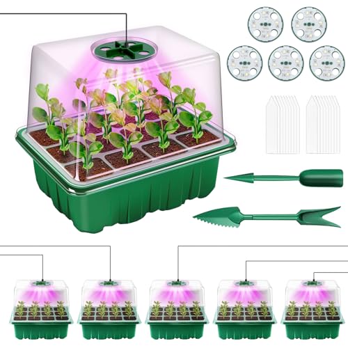 Yozexin Zimmergewächshaus Anzuchtkasten mit Pflanzenlampe, 5 Stück Mini Gewächshaus Anzucht Set, Treibhaus Anzuchtschale mit erhöhten Deckel, für Pflanzenwachstum und Saatgutkeimung von Yozexin