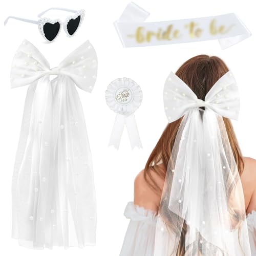 Yozexin Set of 4 JGA Accessories Women Set, Includes Bows Veil White, Bride to Be Sash and Pin with Bow, Heart Sunglasses with Pearl,for Stag Party, Bachelorette Party, Wedding Photography Yozexin Set of 4 JGA Accessories Women Set, Includes Bows Veil White, Bride to Be Sash and Pin with Bow, Heart Sunglasses with Pearl,for Stag Party, Bachelorette Party, Wedding Photography von Yozexin