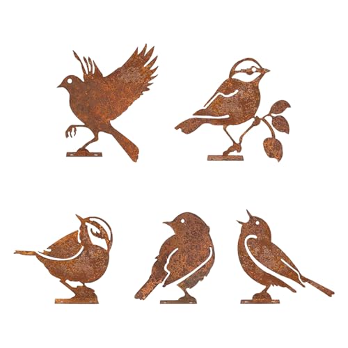 Yphzmtz 5er Set Rost Vogel Gartendeko für Draußen Wetterfest, Vögel Gartenstecker, Metall Roststecker Bird Baumstecker mit Schraube für Gartendekoration Bäume, Pfähle & Zäune, Rust Vögel Deko (Rost) von Yphzmtz