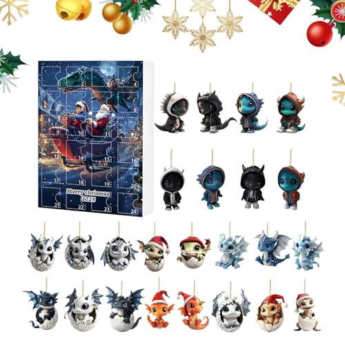 Yplkm Weihnachtsdrache Countdown | Niedlicher Adventskalender Mit Flachen Figuren Spielzeug | 24 Tage Acryl Figuren Schmuck für Urlaub Wand Baum Klassenzimmer Mädchen Frauen Teenager Männer Büros von Yplkm
