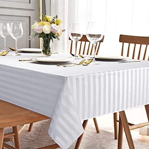 Yrendenge Damast Tischdecke Weiß Gestreifte Wasserabweisend Outdoor Tischtuch, Abwaschbar und Bügelfrei Tischdecken, Polyester Jacquard Tischdecken, Rechteckig Tischwäsche, 140x200 cm Weiss von Yrendenge