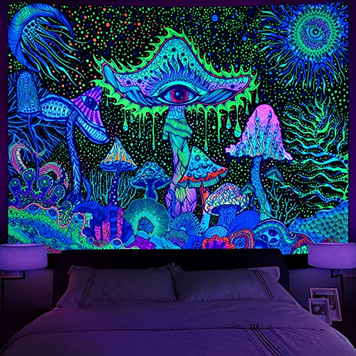 Yrendenge Fluoreszierende Pilz Wandteppich, Auge Wandbild Meer Kreatur Wandbehang Bohemian Wandteppich, Schlafzimmer Ästhetische Marine Dekorative Wandteppich, 150x130cm von Yrendenge