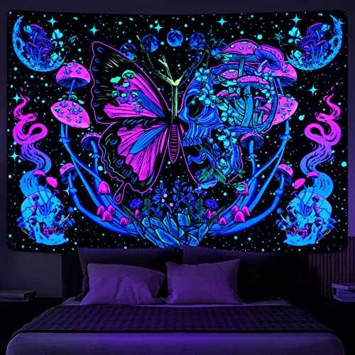 Yrendenge Fluoreszierender Wandteppich, Schmetterling Pilz Wandbelag, Schädel Mondphase Wandteppich, Polyester Wandteppich, Schlafzimmer Schlafsaal Ästhetische Wandbehang 150 * 130 cm von Yrendenge