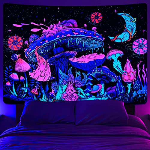 Yrendenge Schwarzlicht Pilz Wandteppich UV Mond Pilze Wandtuch, Fluoreszierend Pflanzen Sternenhimmel Wandteppich Aesthetic Wandbehang für Schlafzimmer Schlafsaal 83 * 59 Inch (210 * 150cm) von Yrendenge