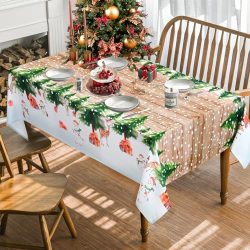 Yrendenge Weihnachten Tischdecke, Schneemann Elch Weihnachtsbaum Geschenk Quadratisch Abwaschbar Tischtuch Wasserdicht Winter Abendessen Home Party Tischdecken, Holzmaserung 140 x 140cm von Yrendenge