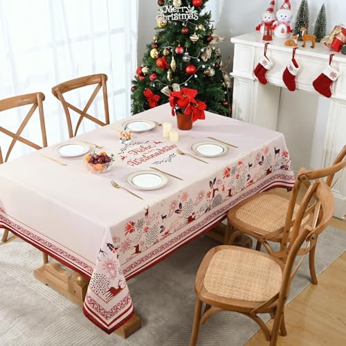 Yrendenge Weihnachten Tischdecke, Vintage Xmas Lange Tischdecken mit Hirsch Rentier, Wasserdicht Abwaschbar Esstischdecke für Weihnachtsfeier Party, Großes Damast Tischtuch, Khaki Rot 140 x 140 cm von Yrendenge