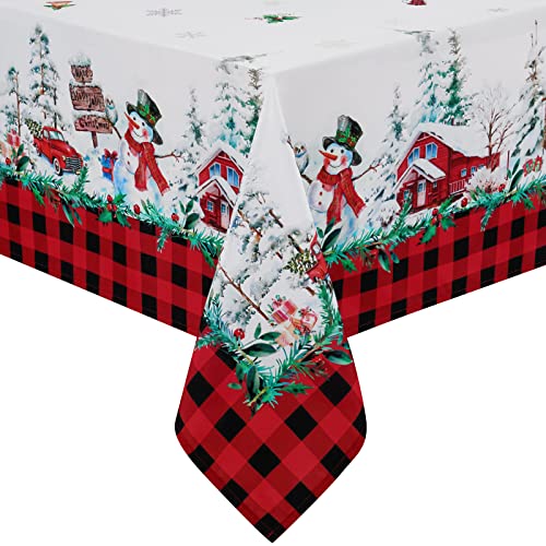 Yrendenge Weihnachten Tischdecke Abwaschbar Kariert Tischtuch aus Polyester, Lotuseffekt Wasserdicht Ölbeständig Fleckschutz Tischwäsche Pflegeleicht Tischdeko für Esszimmer Party 140x140cm Weiß Rot von Yrendenge