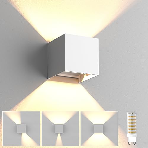 Wandlampe Mit Austauschbarer G9 LED Birne, Wandleuchte Innen/Aussen 9W 500LM 3000K Warmweiß, Aussenleuchte IP65 Wasserdichte Up Down Einstellbarer Abstrahlwinkel Design Wandbeleuchtung - Weiß von YrgePowk