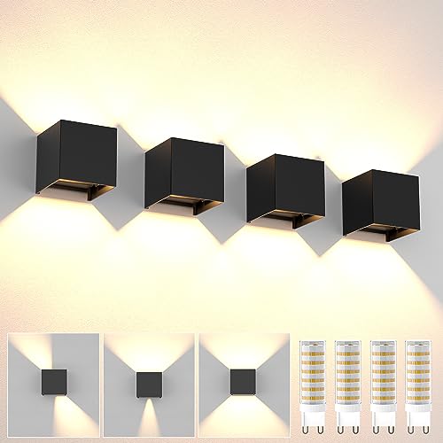 YrgePowk 4 Stück Wandlampe Mit Austauschbarer G9 LED Lampe Warmweiß 3000K LED Wandleuchte Aussen IP65 Wasserdichte Up Down Einstellbarer Abstrahlwinkel Design Aussenbeleuchtung - Schwarz von YrgePowk