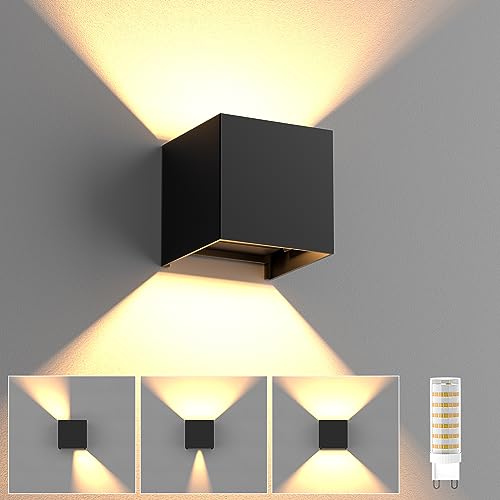 YrgePowk Wandlampe Mit Austauschbarer G9 LED Lampe Warmweiß 3000K 9W 500LM, LED Wandleuchte Aussen IP65 Wasserdichte Up Down Einstellbarer Abstrahlwinkel Design Aussenbeleuchtung - Schwarz von YrgePowk