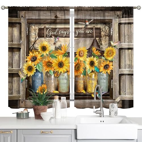 Bauernhaus Sonnenblumen Küchenvorhänge – Ländlich Gelb Blumen Kurz Café-Fenstervorhänge – Vintage Holz-Stufenvorhang Rustikal Pflanze Frühling Badezimmer Fensterbehang (66 x 91,4 cm) von Yrivto
