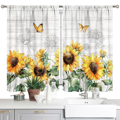Landhaus Sonnenblumen Küchen-Café-Vorhänge – Ländlich gelbe Blumen mit Schmetterlingen, Badezimmerfenster-Gardinen – Rustikale Blumen, Stangendurchzug, Gardinen (71,1 x 99 cm) von Yrivto