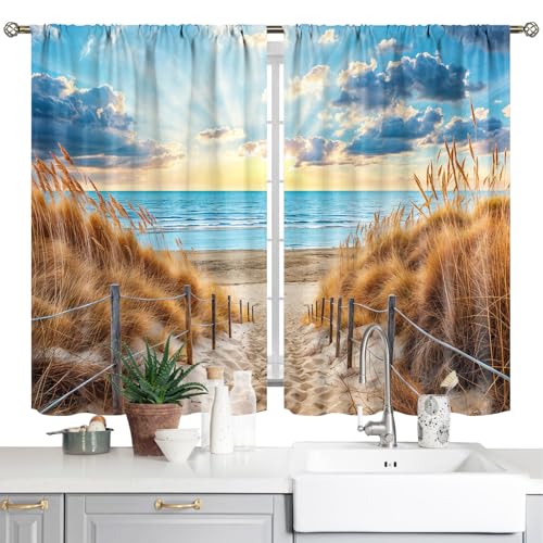 Nautische Küsten-Küchenvorhänge – Ozean-Meer-Thema, Kurze Café-Vorhänge, 2 Paneele (71,1 x 99,1 cm) mit Stangendurchzug mit Stangentasche von Yrivto