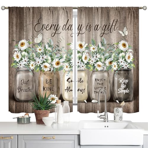 Yrivto Küchenvorhänge mit Blumen & Gänseblümchen, Landhaus Vintage, kurz, Café-Stil, Schmetterlinge, 2 Paneele, Stangentasche, über Spüle (66 x 91,4 cm) von Yrivto