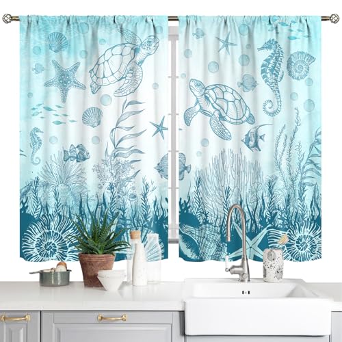 Yrivto Strand-Küchenvorhänge – Meeresmotive mit Schildkröten und Seesternen, sommerlich-küstenstil. Kurze Café-Vorhänge aus Stoff, 2 Paneele, blau, (66 x 91,4 cm), ideal fürs Bad und Küstenhaus von Yrivto