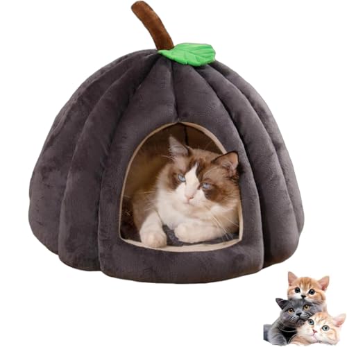 2025 Katzenhöhle in Kürbisform, Halloween-Katzenhaus mit abnehmbarem Kissen, flauschiges, warmes Kürbis-Katzenhaus für Hauskatzen, Kätzchen und kleine Hunde (Dunkelgrau, M) von Ysaca