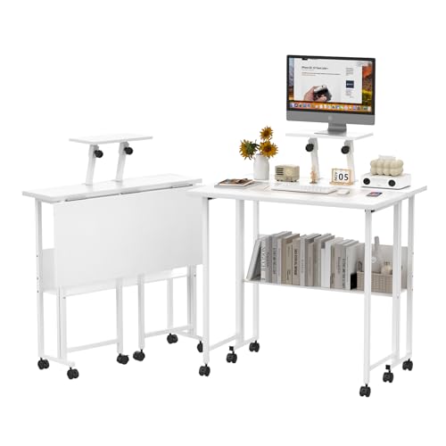 Ysgwsg Schreibtisch Klappbar Kleiner, Klappschreibtisch Mit Rädern, Kleiner Computertisch Mit Regal Arbeitstisch, Mit Monitorständer, Klappbarer Schreibtisch mit Lagerregale. (Blanc, 58x80x75cm) von Ysgwsg