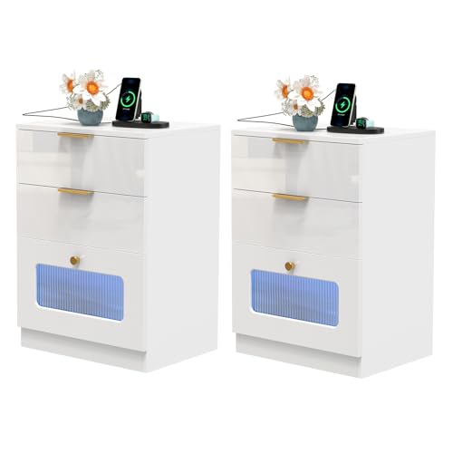Ysgwsg 2er Set Nachttisch, Mit LED und Ladefunktion, Nachttischen Mit USB Anschluss und Steckdosen, Weiß Nachttisch Mit 3 Schubladen, Schlafzimmer Möbel, Geeignet für Wohnzimmer. (Weiß, 2er Set.) von Ysgwsg