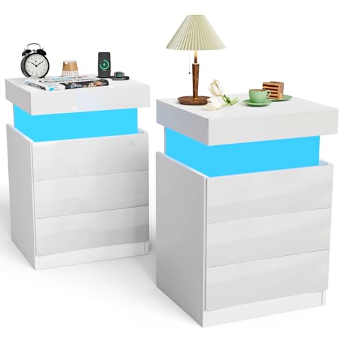 Ysgwsg 2er Set Nachttisch Mit Ladefunktion, Beistelltisch Mit LED Licht und 3 Schubladen, Nachttisch mit Geheimfach, Nachtschränkchen Für Schlafzimmer und Wohnzimmer. (Weiß 2er Set, 67x40x45 cm) von Ysgwsg
